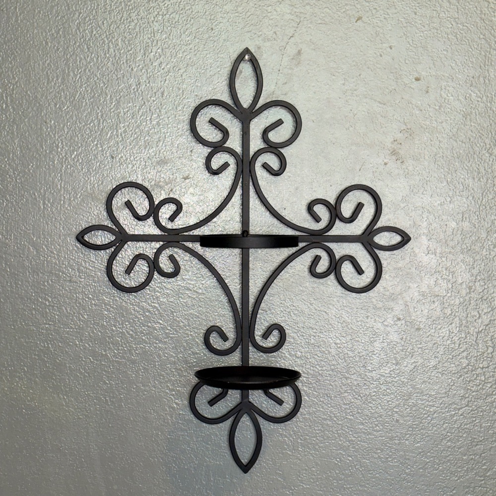 Black Wrought Iron Fleur De Lis Cross Wall Sconce Pillar Candle Holder 19in - Picture 2 of 16